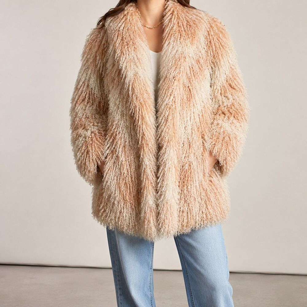 Chinese Tan Lamb Ermao-Style Curly Fur Coat Blush Cream Vintage